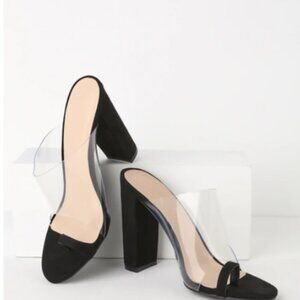 Wild Diva Black Suede and Vinyl High Heel Sandals with toe loop